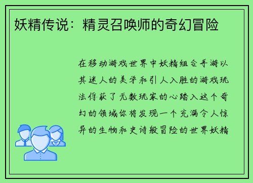 妖精传说：精灵召唤师的奇幻冒险