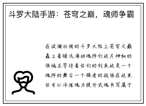 斗罗大陆手游：苍穹之巅，魂师争霸